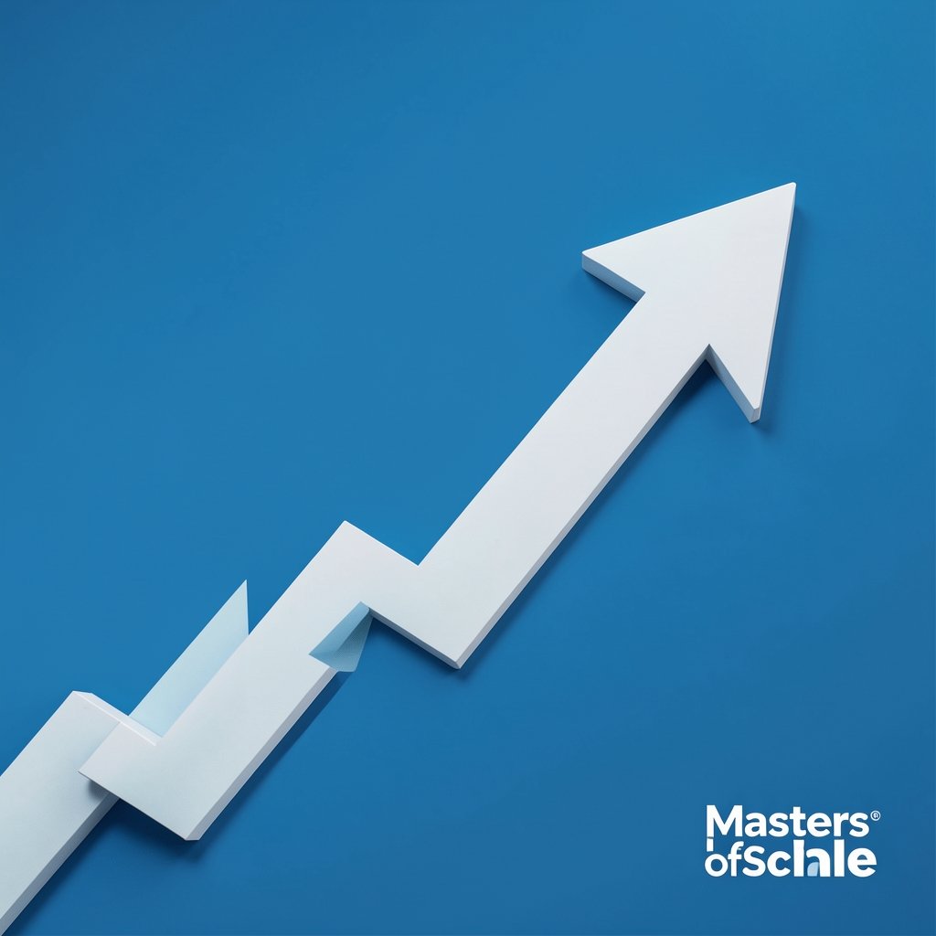 Обложка подкаста Masters of Scale от Reid Hoffman — синий фон с восходящей стрелкой и логотипом LinkedIn